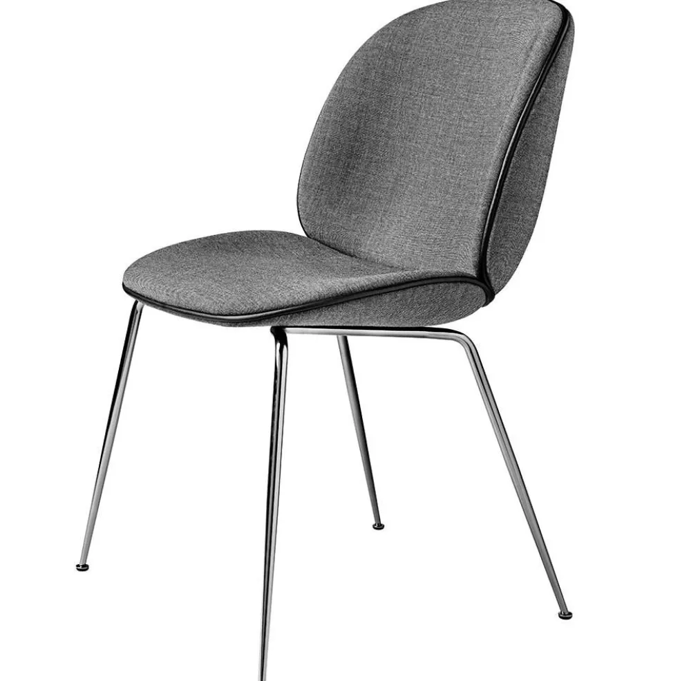 Beetle matstol helklädd, conic base krom, grått/svart läder