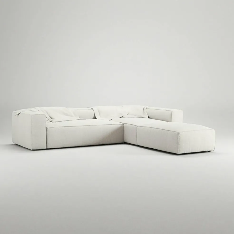 Grand 4-Sitssoffa Divan Höger öppet avslut Med Fotpall Bouclétyg, Steam White