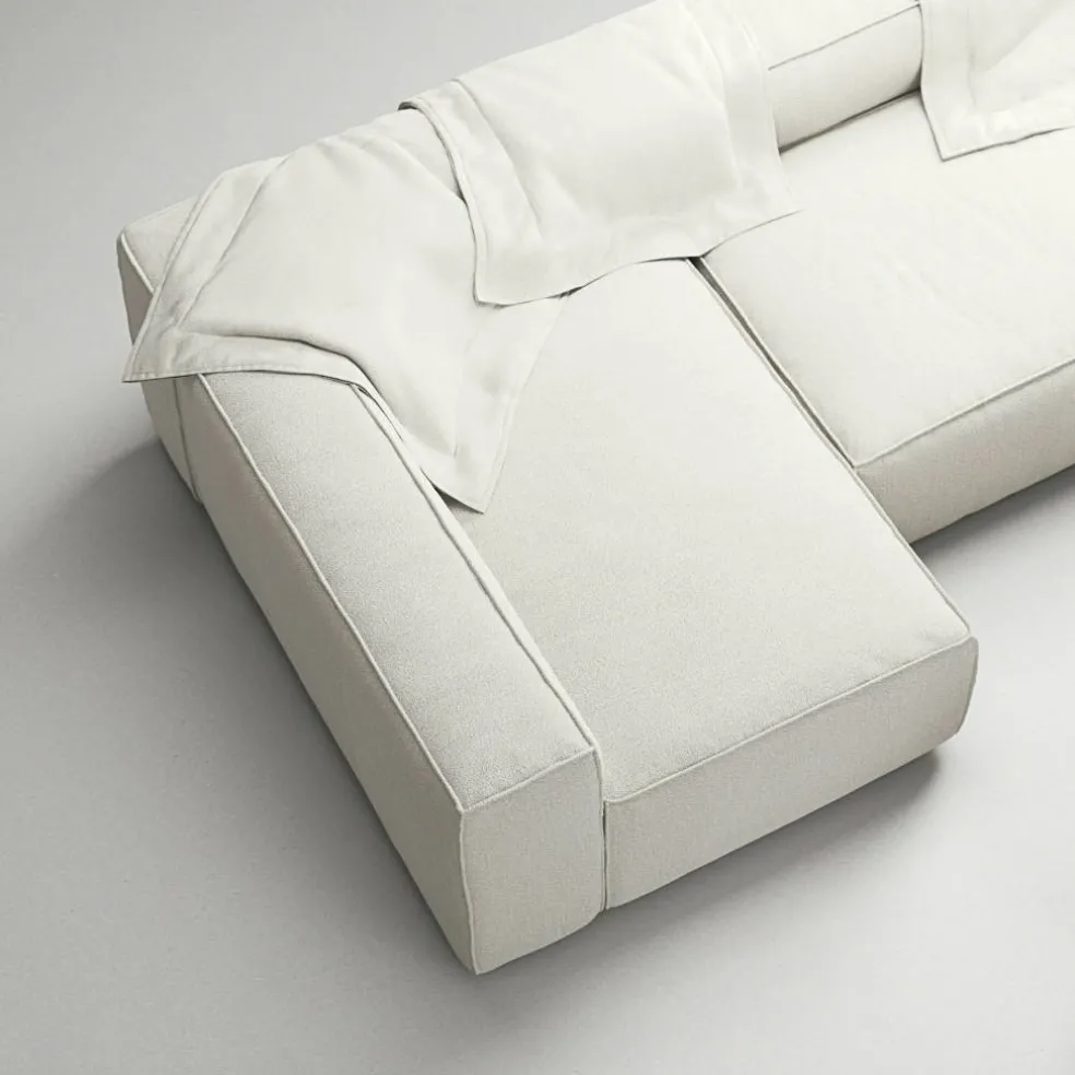 Grand 4-Sitssoffa Divan Vänster öppet avslut Med Fotpall Bouclétyg, Steam White