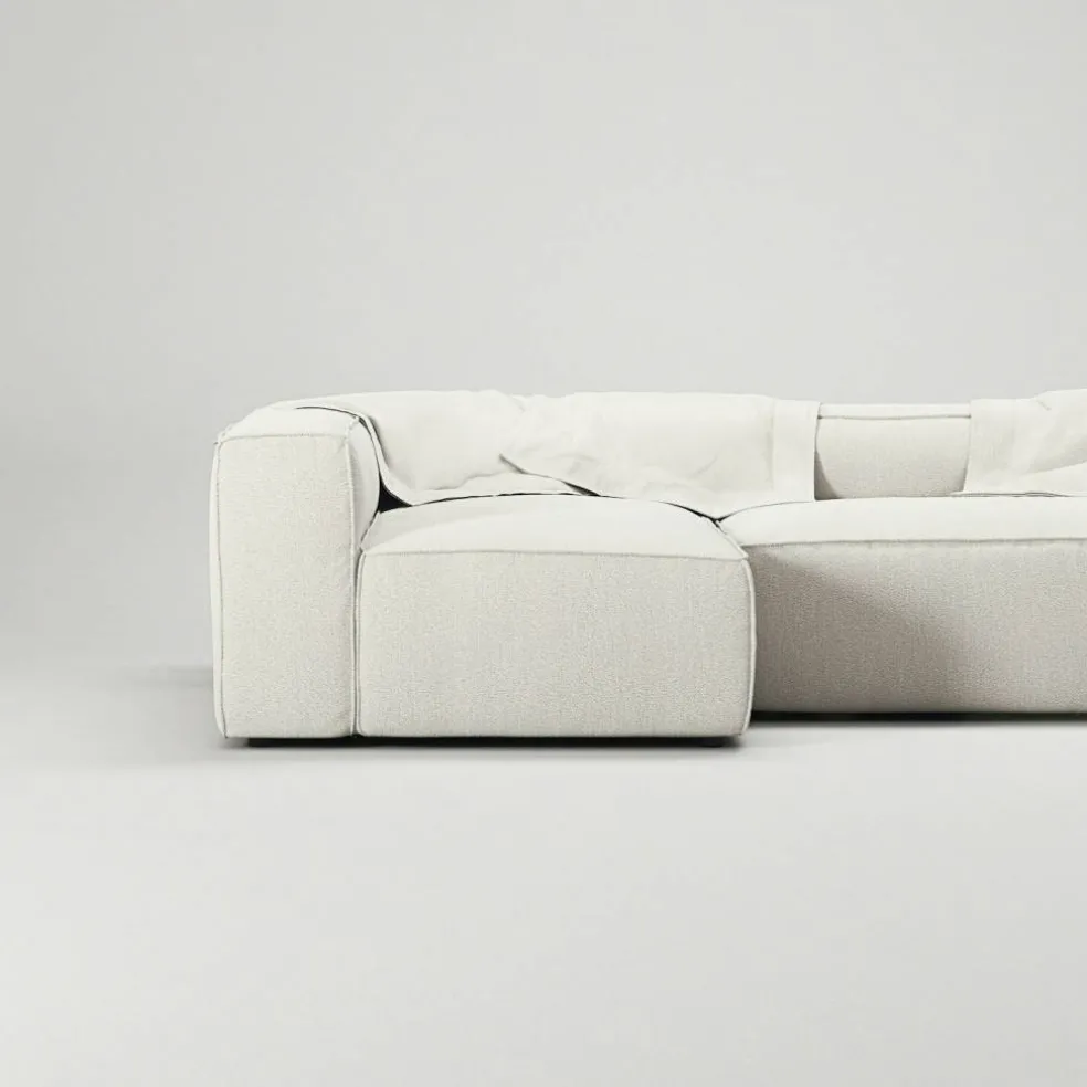 Grand 4-Sitssoffa Divan Vänster öppet avslut Med Fotpall Bouclétyg, Steam White