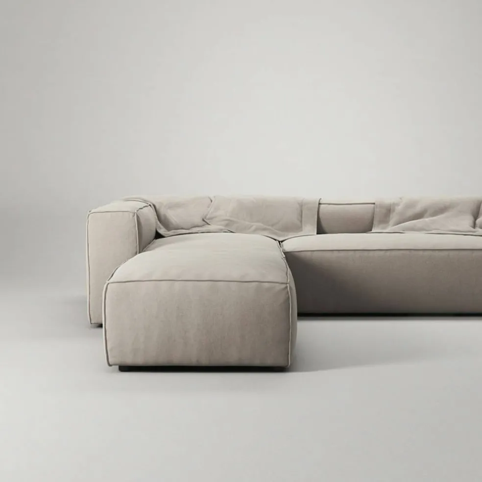 Grand 4-Sitssoffa Divan Vänster öppet avslut Med Fotpall Minetyg, Sandshell Beige