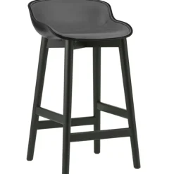 Hyg Barstol 75 cm, Klädd Framsida, Svart Läder / Svart Ek