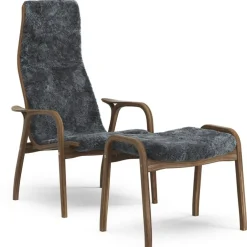 Lamino Fåtölj Med Fotpall, Naturlackerad Valnöt / Fårskinn Charcoal