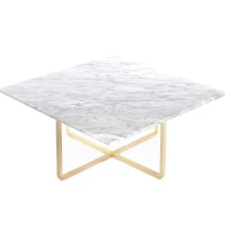 Ninety Soffbord 80 cm, Mässingsunderrede, Vit Marmor
